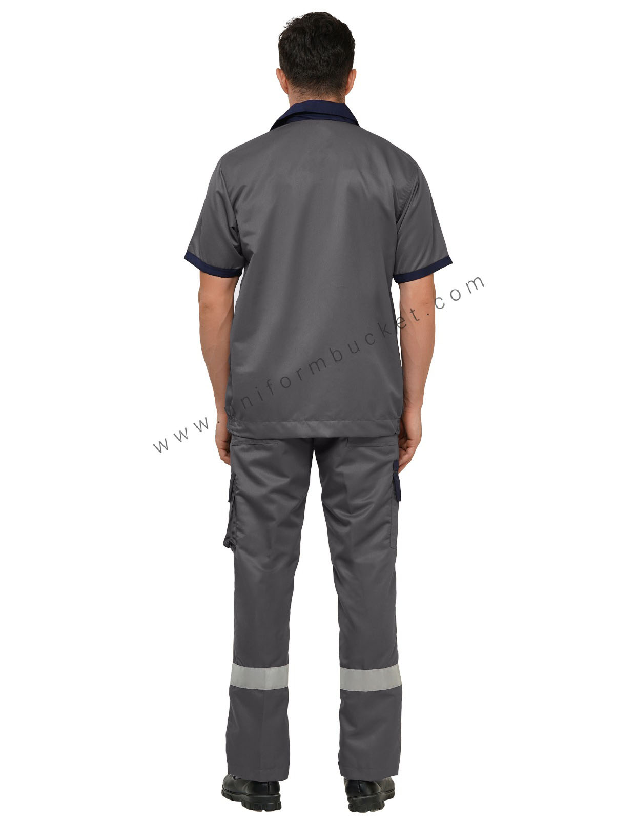 MALE WORKWEAR GREY SHIRT WITH RED FRONT YOKE & NAVY BLUE COLLAR thumbnail 4